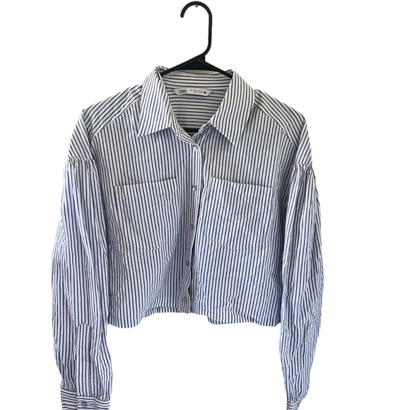 Zara Cropped Blue & White Striped Button Front Blouse - Picture 3 of 10
